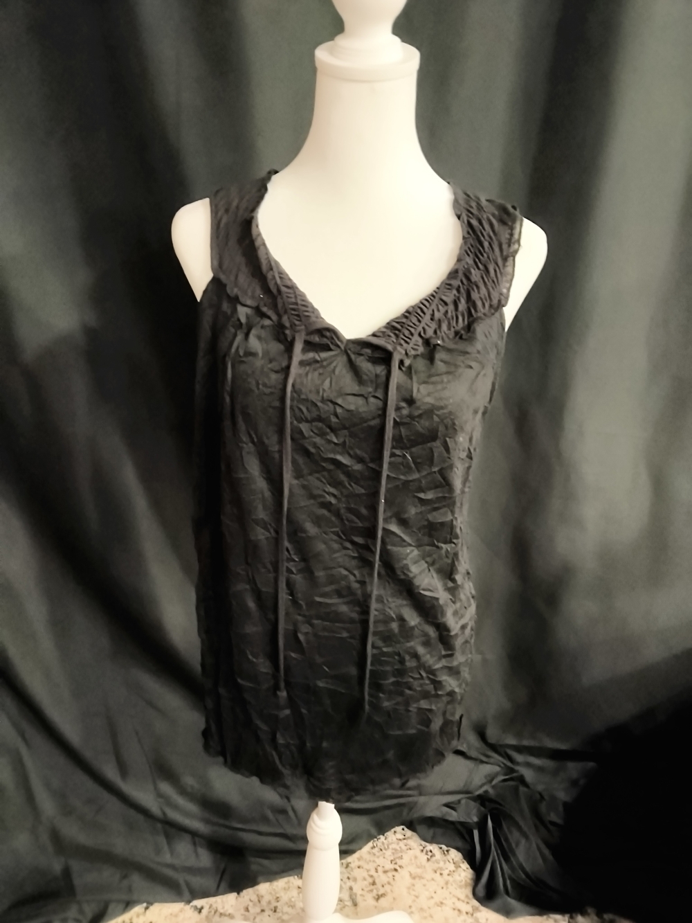 French Laundry Black Crinkled Sleeveless Tank with Ruched Collar